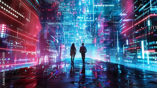 Two individuals standing in the foreground  facing a brightly lit cityscape with neon lights and skyscrapers in the background.