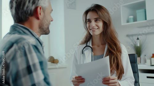 A female doctor in white coats and stethoscope is talking to a patient in an examination room. The happy white doctor informs a good news about test result to a happy man.