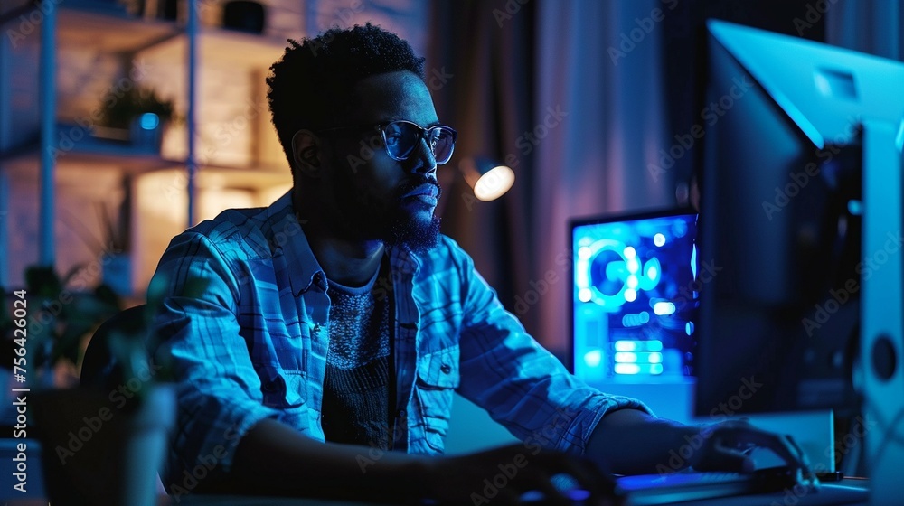 A man is seated at a computer, working diligently in a dimly lit room during nighttime hours.