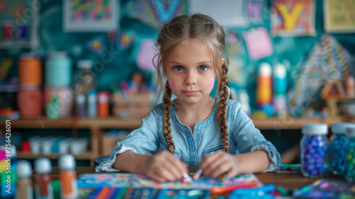 A young girl drawing in a classroom