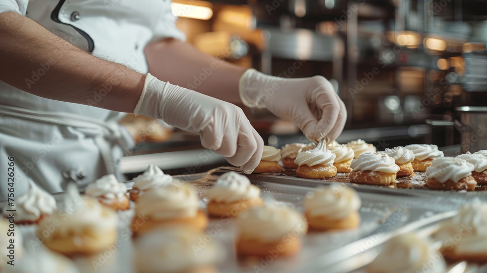 Chef decorating cupcakes in a kitchen