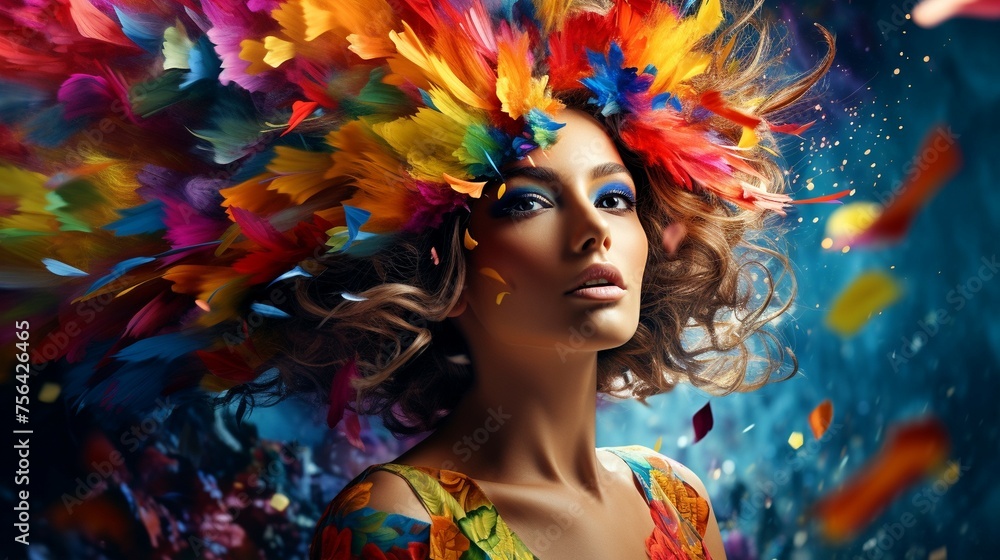 A woman adorned with vibrant feathers on her head, creating a striking and unique appearance.