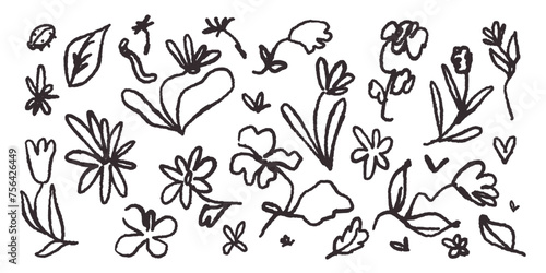 Abstract naive doodle flower. Modern sketch vector illustration. Hand-drawn floral botanical icon set. Wild flowers and plants in wax charcoal crayon drawing style. Pencil branches and leaves clipart