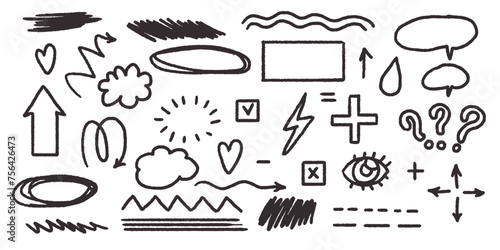 Chalk scribble doodle arrow, line elements set. Crayon arrow, underline, handwritten mark check. Rough hand drawn marker sketch with brush grunge texture. Vector illustration of kids pencil drawing.