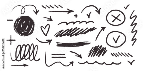 Chalk scribble doodle arrow, line elements set. Crayon arrow, underline, handwritten mark check. Rough hand drawn marker sketch with brush grunge texture. Vector illustration of kids pencil drawing.