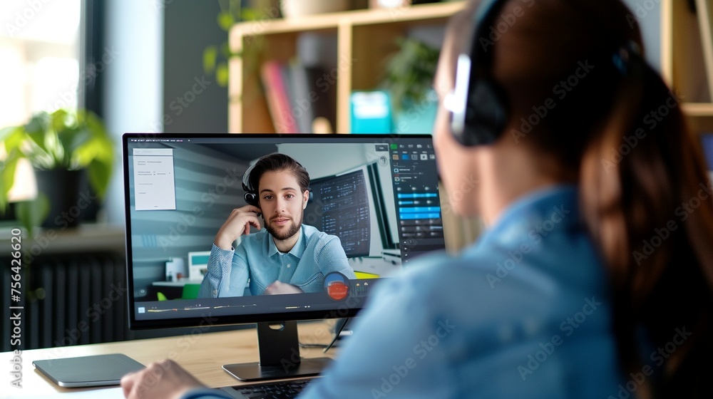 A woman is seated at a desk wearing headphones, possibly listening to music or attending a virtual meeting. A woman is seated at a desk wearing headphones, possibly listening to music or attending a virtual meeting.