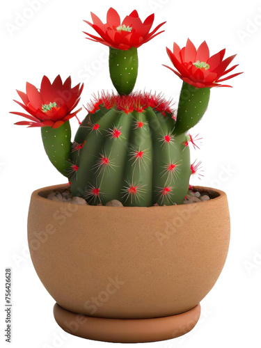 Beautiful cactus with red flowers in a clay pot, minimalism, 3D