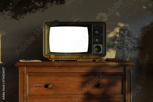 Old television with isolated PNG screen in front of oil-painted mural. 3D Rendering photo