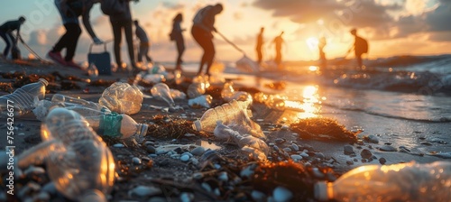 Youth volunteers cleaning up coast at sunrise with eco tools and recyclable bags photo