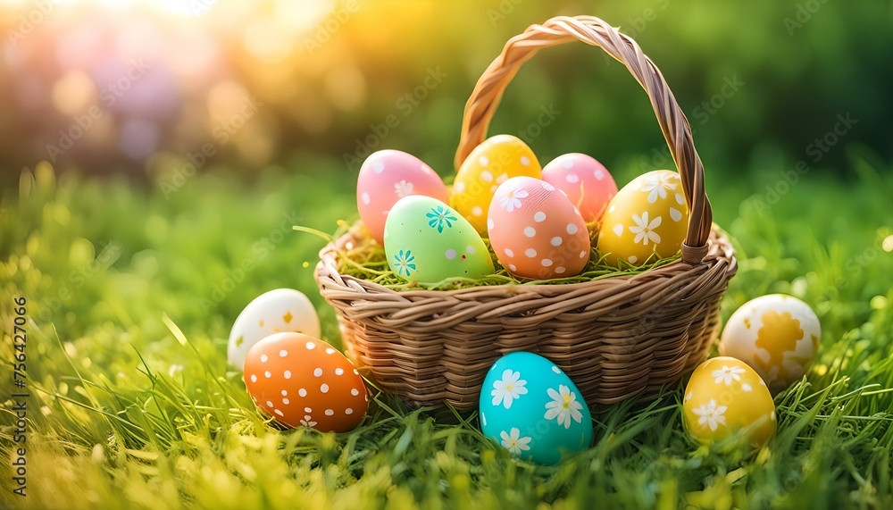 Colorful spring holiday easter eggs in a basket over the grass at sunser. Banner with copy space. Colorful spring holiday easter eggs in a basket over the grass at sunser. Banner with copy space.
