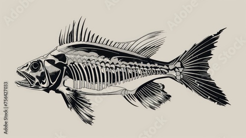 Drawing of a fish skeleton on a gray background. Fish skeleton. Fish bones