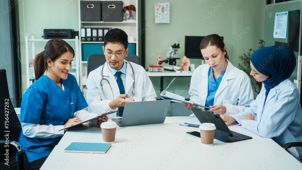 A diverse group of healthcare professionals, including doctors, nurses, and specialists, engaging in a collaborative meeting to discuss medical cases and share expertise in a hospital A diverse group of healthcare professionals, including doctors, nurses, and specialists, engaging in a collaborative meeting to discuss medical cases and share expertise in a hospital