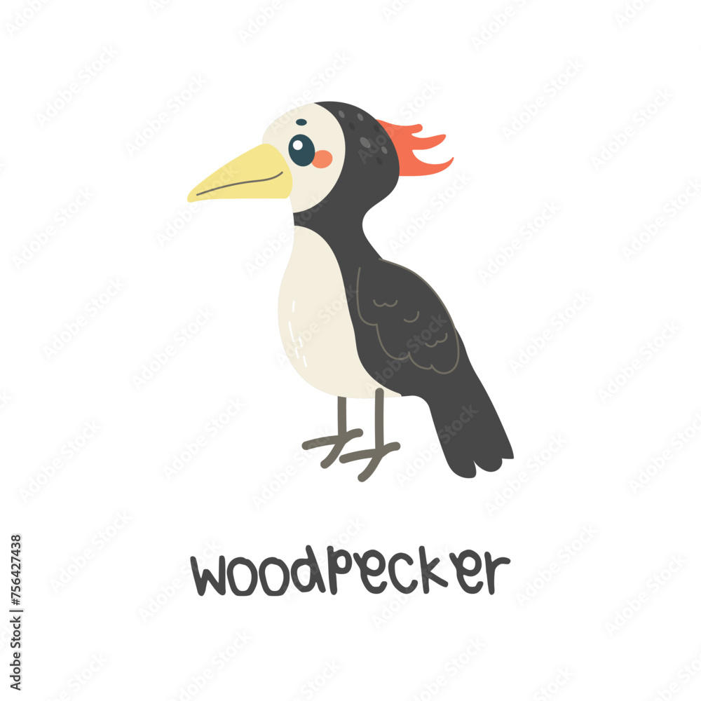 Fototapeta premium Children's illustration, cute woodpecker, with inscription. vector illustration for teaching children, t-shirt
