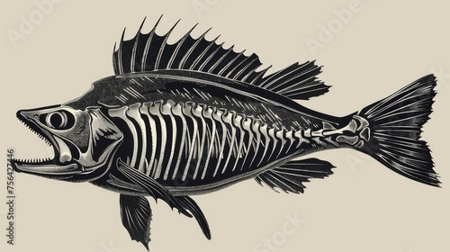 Drawing of a fish skeleton on a gray background. Fish skeleton. Fish bones