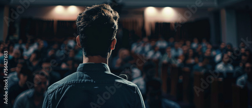 Speaker faces an audience from the stage with an air of anticipation in the crowded room.