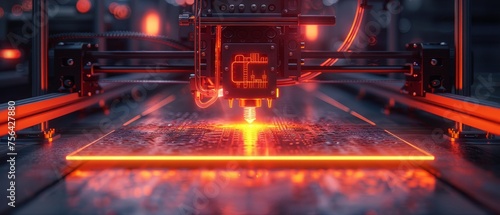 In this 3d printing banner, an icon of a 3d printer in a technology neon frame in a modern technology style is displayed. This is an icon for additive technology that is used in home desktop desktop