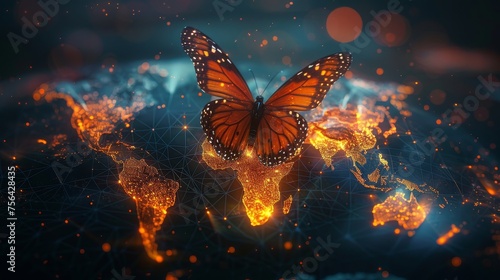 On a background world map, a butterfly in a digital futuristic style represents a successful startup, investment, or business transformation. © Zaleman