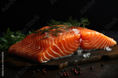 A succulent salmon fillet, adorned with herbs, poised on a dark surface