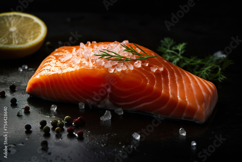 A succulent salmon fillet, adorned with herbs, poised on a dark surface