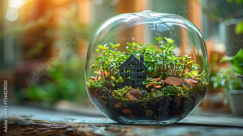 The concept of saving for a house or home savings with grass growing inside a transparent piggy bank shaped like a house