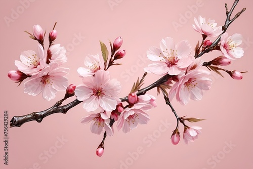 3d cherry blossom twig on a light pink background