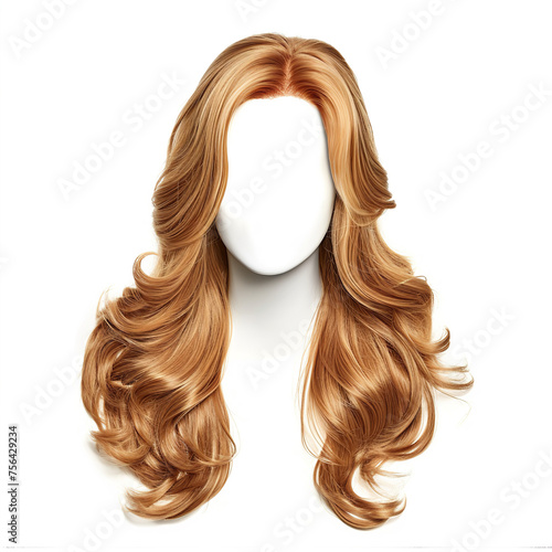A mannequin head displays a long blonde hair wig, showcasing the style and length of the hairpiece, a mannequin head adorned with a long, wavy, golden-brown wig against a white background