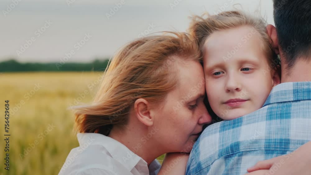 Cute family hugs their father against the background of wheat. 4k video Cute family hugs their father against the background of wheat. 4k video