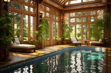 Modern interior of luxury private house. Swimming pull in cottage. Glass wall.