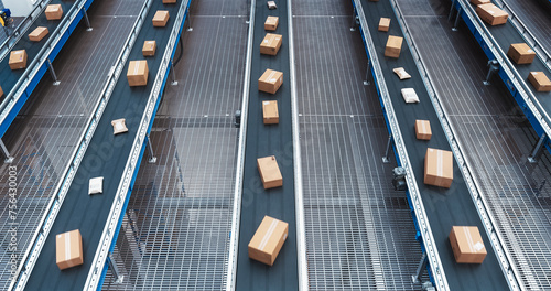 Modern Delivery Logistics Warehouse with Working Automated Conveyor Belt with Retail Parcels, Cardboard Boxes and Online Shopping Orders Being Prepared for Shipping