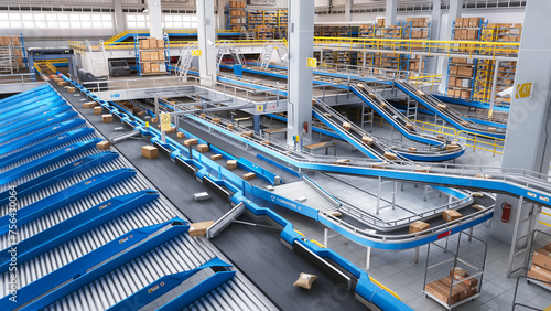 Bild auf Leinwand Modern Delivery Logistics Warehouse with Working Automated Conveyor Belt with Re