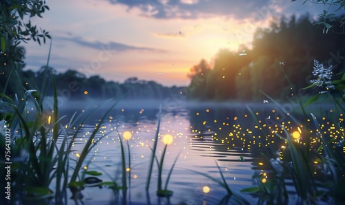 Fireflies Dancing Over Calm Lake