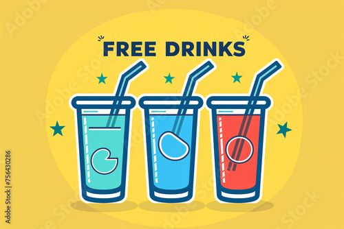 Stylized free drinks poster with three colorful beverage cups