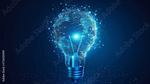 An abstract blue light bulb with a planet Earth inside. Earth hour ecology concept. Geometric background. Wireframe light connection. Modern 3D graphic. image.