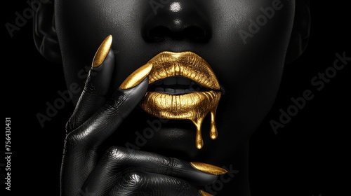 Model with golden paint drips and lip gloss on radiant metallic skin, accentuating beauty