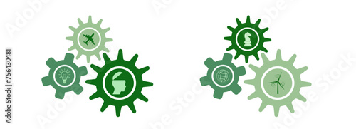 Go green strategy concept cogwheels set vector design with business concept icons. Gears set graphic to use for technology, business, teamwork, mechanics and engineering projects. 