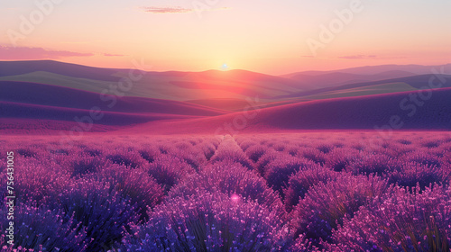 The sun dips below the horizon, casting a warm glow over rolling hills of purple lavender, creating a picturesque and calming landscape.