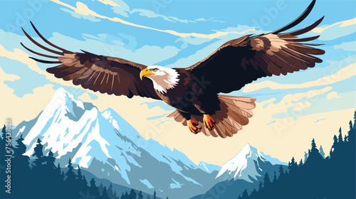 A regal bald eagle soaring high above snow-capped 