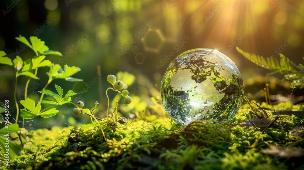Sphere of crystal resting on moss in a forest - environmental concept