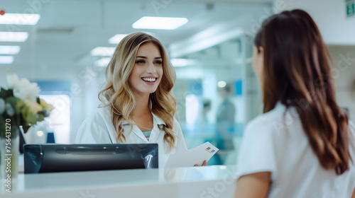 A young white pharmacist in a white lab coat standing behind white counter is smiling at a patient. A female doctor is making an appointment and dispensing medicine to a client.