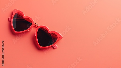 Red heart-shaped sunglasses resting on a matching red backdrop