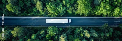 Aerial view of car and truck on highway road, drone footage with ample space for text placement