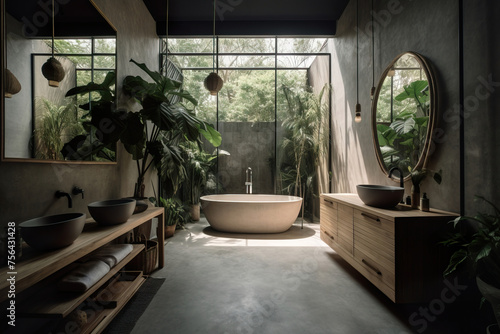 A modern bathroom oasis  with a freestanding tub and a view of lush greenery  invites relaxation in a bath of sunlight.