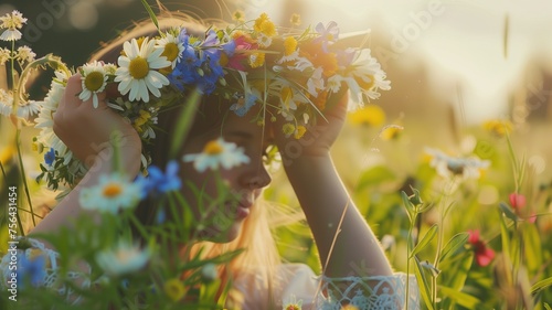 A young girl wearing a crown of wildflowers revels in the golden hour's gentle light