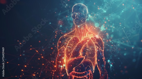 This is the cardiovascular system.  isolated heart with pain center. Low poly wireframe. 3D polygonal human body with organs on a dark background. Medicine concept. photo