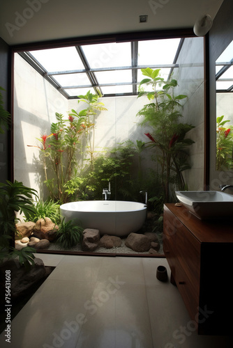 A modern bathroom oasis, with a freestanding tub and a view of lush greenery, invites relaxation in a bath of sunlight.