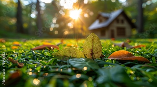 Conceptual image of a green home and eco-friendly construction with two leaves and hands on top of a green lawn in the sun photo