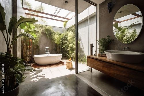 A modern bathroom oasis, with a freestanding tub and a view of lush greenery, invites relaxation in a bath of sunlight. © Edik