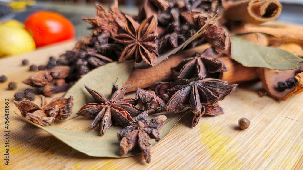Close up shot of Spices on the wooden surface. Close up shot of Spices on the wooden surface.