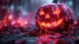 Neon futuristic banner for special sales - Halloween pumpkin in technological cyber style. Bright modern illustration in 3D.
