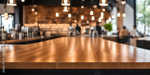 countertop, with a blurred people or bokeh background of modern cafe.